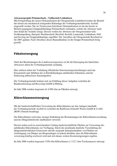 Verwaltungsbericht 2006 der Verbandsgemeinde Arzfeld