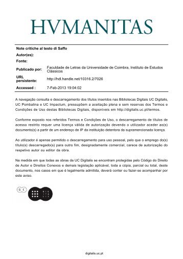 Note critiche al testo di Saffo Autor(es) - Universidade de Coimbra