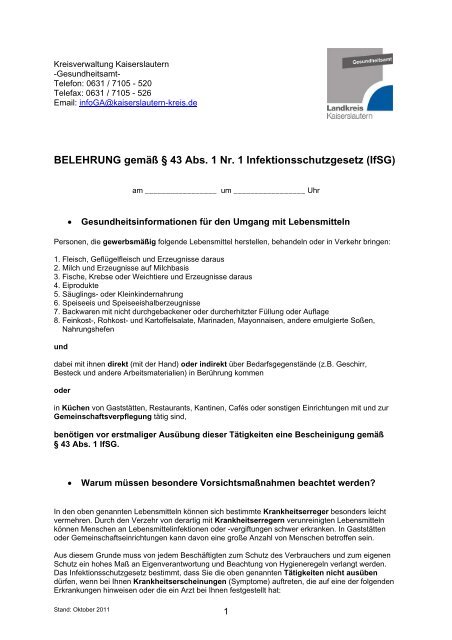 BELEHRUNG gemäß § 43 Abs. 1 Nr. 1 Infektionsschutzgesetz (IfSG)