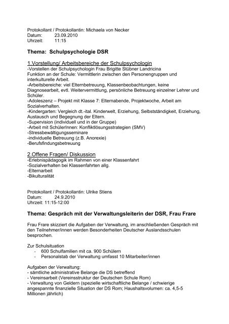 Protokollant / Protokollantin: Tilko Vitzthum - Deutsche Schule Rom