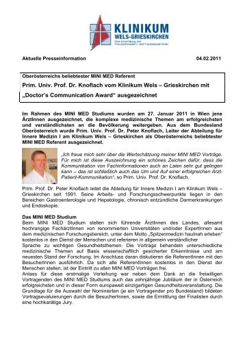 Prim. Univ. Prof. Dr. Knoflach vom Klinikum Wels ... - PR Portal