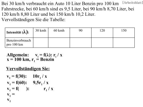 Bei 30 km/h verbraucht ein Auto 10 Liter Benzin pro 100 km ...