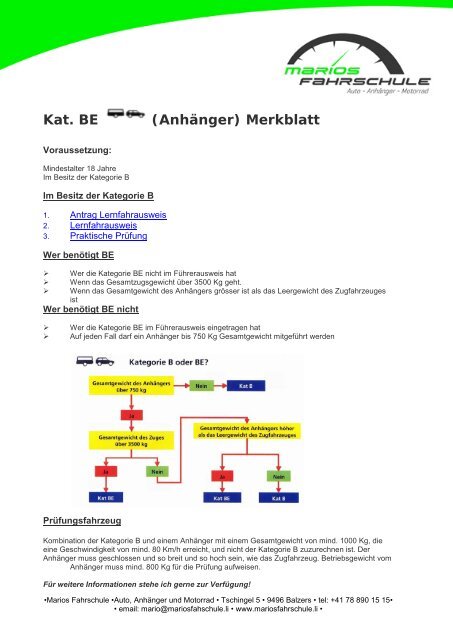 Kat. BE (Anhänger) Merkblatt - Mario`s Fahrschule - Inh. Mario Vogt