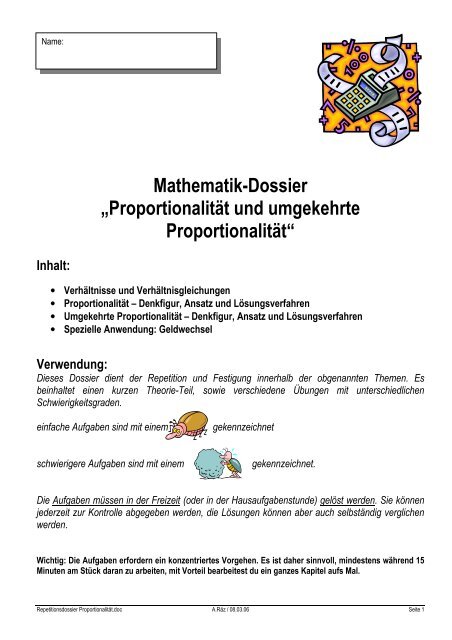 Mathematik-Dossier „Proportionalität und umgekehrte Proportionalität“
