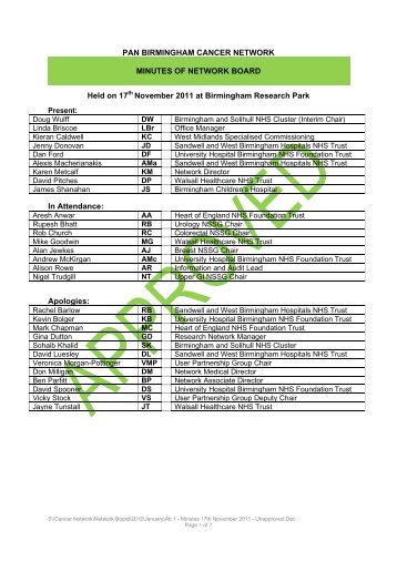 PAN BIRMINGHAM CANCER NETWORK MINUTES OF NETWORK ...
