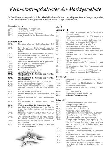 Veranstaltungskalender der Marktgemeinde - beim Markt Rohr i.NB