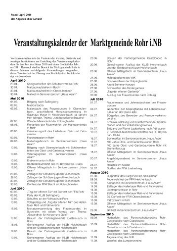 Veranstaltungskalender der Marktgemeinde Rohr i.NB - beim Markt ...