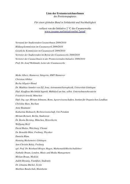 Liste der ErstunterzeichnerInnen des Positionspapieres - Cusanus.net