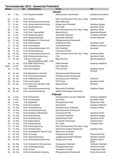 Terminkalender 2012 - Gemeinde Pollenfeld Januar Februar