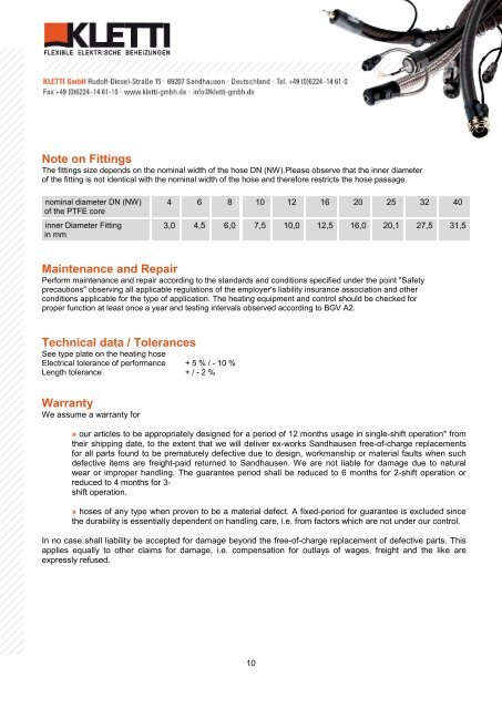 OPERATING INSTRUCTION FOR HEATING HOSES - Kletti GmbH