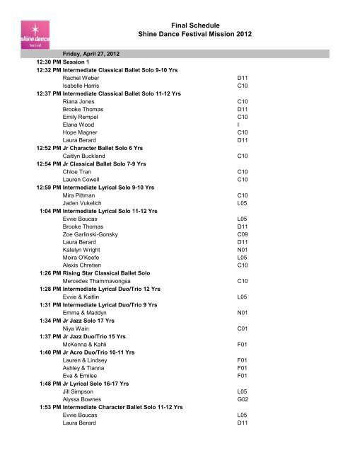 Final Schedule Shine Dance Festival Mission 2012