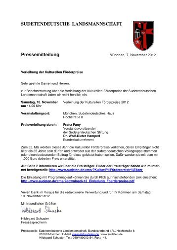 SUDETENDEUTSCHE LANDSMANNSCHAFT Pressemitteilung