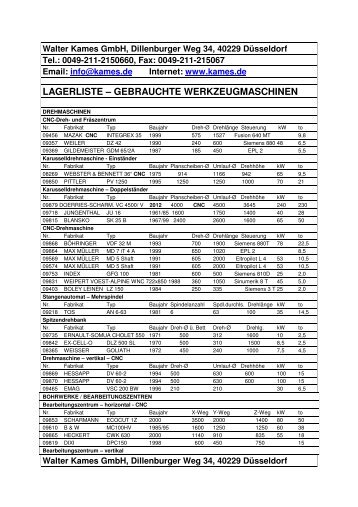 lagerliste â gebrauchte werkzeugmaschinen - Walter Kames GmbH