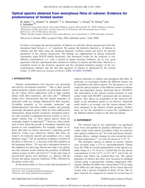 Optical spectra obtained from amorphous films of rubrene ... - Idsia