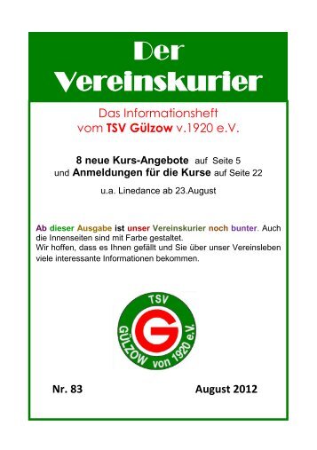 Vereinskurier Nr.83 vom August 2012 - TSV Gülzow von 1920 e.V.