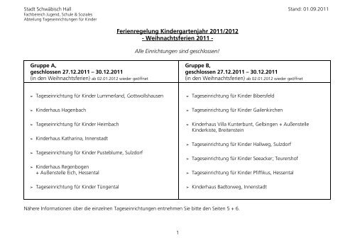 Ferienregelung Kindergartenjahr 2011/2012 - Stadt Schwäbisch Hall
