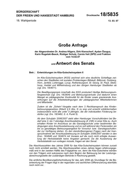 Große Anfrage und Antwort des Senats - Carola Veit