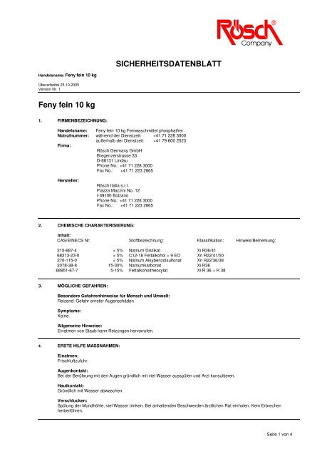 SICHERHEITSDATENBLATT Feny fein 10 kg - Ka-We