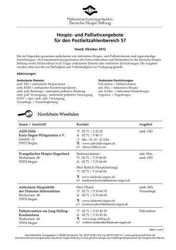 Hospiz- und Palliativangebote für den Postleitzahlenbereich 57