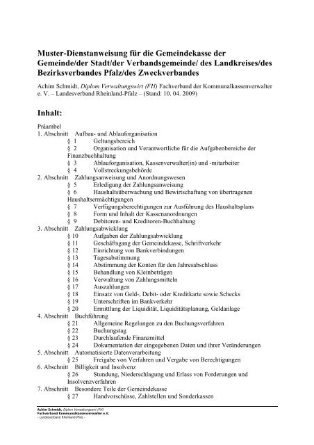 Muster Dienstanweisung Fur Die Gemeindekasse Der Gemeinde Der