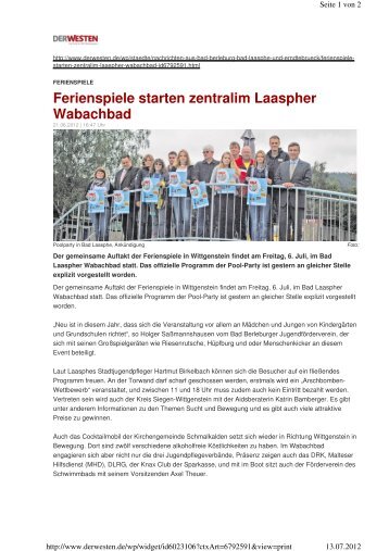 Ferienspiele starten zentralim Laaspher Wabachbad - DLRG Bad ...