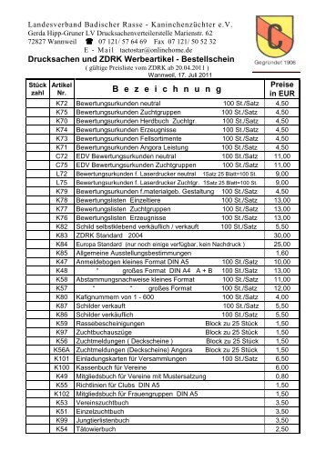 Bestellschein für Drucksachen und ZDRK Werbeartikel