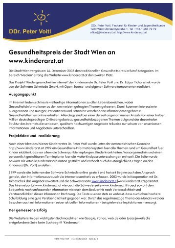 Gesundheitspreis der Stadt Wien an www.kinderarzt.at - Dr. Peter Voitl