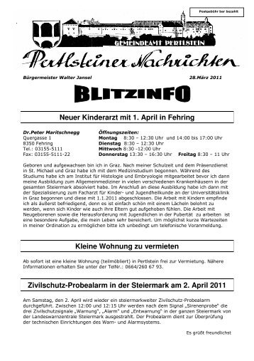 Neuer Kinderarzt mit 1. April in Fehring Kleine Wohnung ... - Pertlstein