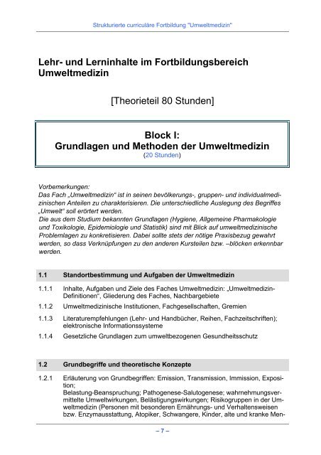 Strukturierte curriculäre Fortbildung Umweltmedizin (Curriculum ...