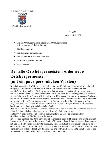 Der alte Ortsbürgermeister ist der neue Ortsbürgermeister ... - Kanzem