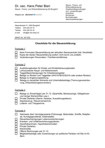Checkliste Steuererklärung (PDF) - Dr. oec. HP Bieri AG Burgdorf