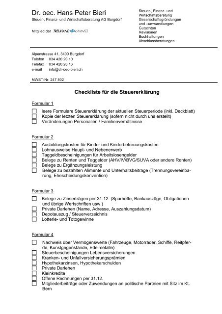 Checkliste Steuererklärung (PDF) - Dr. oec. HP Bieri AG Burgdorf