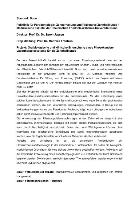 Forschungsprojekt Prof. Dr. Frentzen, Bonn
