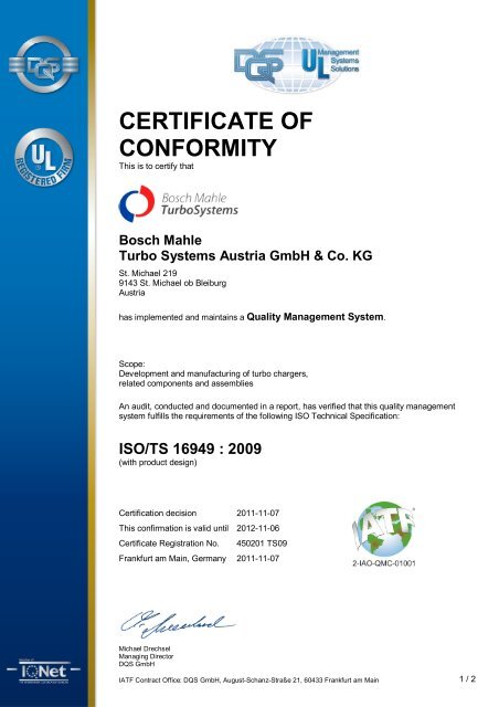 necesario Trascendencia pavo ISO/TS 16949 - Certificate of Conformity - Bosch Mahle Turbo Systems