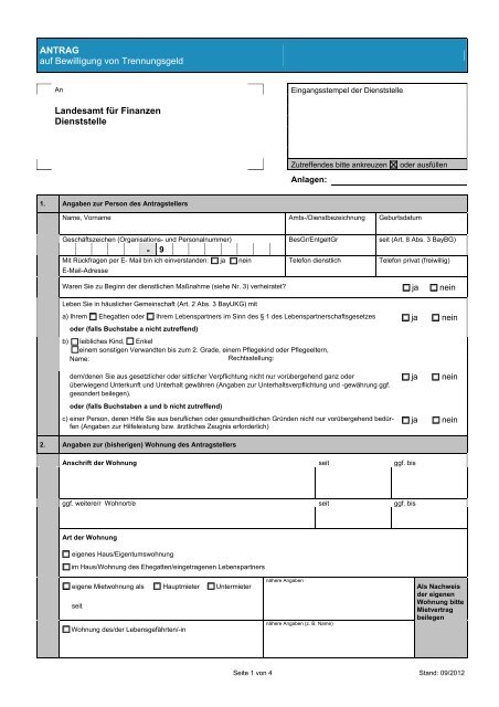 Antrag auf Bewilligung von Trennungsgeld - Landesamt für Finanzen