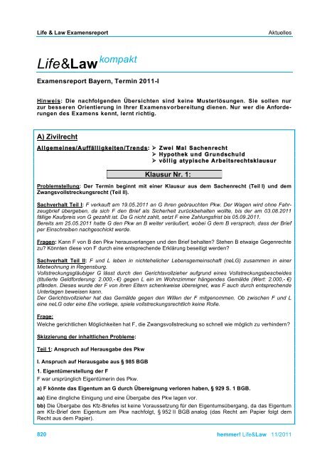 Klausurenkurs 2 Examen Hemmer Download - Examensreport 2011 II - hemmer Life & Law