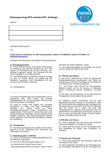 Nutzungsvertrag KFZ und/oder KFZ- Anhänger - Helfen und Werben