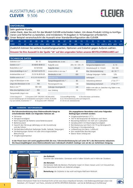 AUSSTATTUNG UND CODIERUNGEN CLEVER 9.506 - Meyra