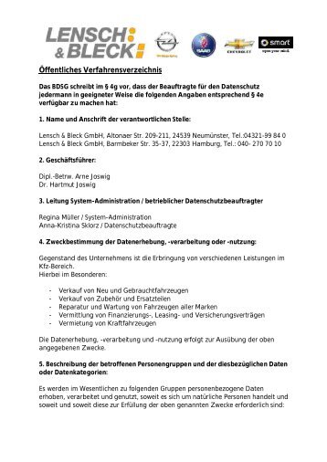 Öffentliches Verfahrensverzeichnis - Autohaus Lensch & Bleck