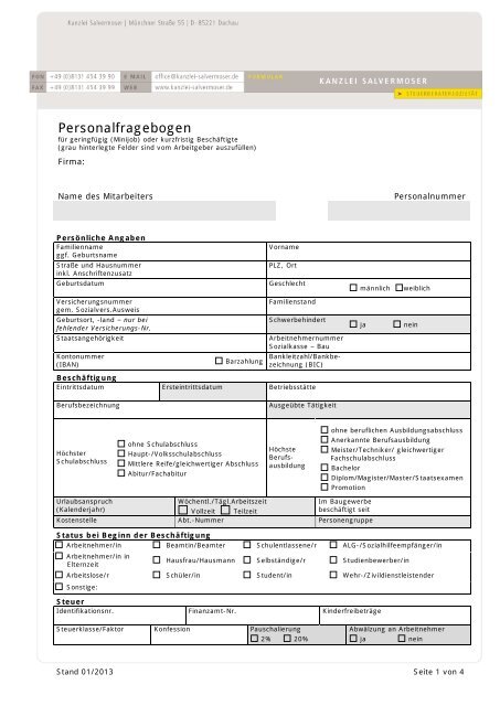 Personalfragebogen Minijob - Kanzlei Salvermoser