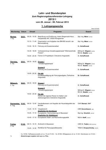und Stundenplan zum Regierungsbaureferendar-Lehrgang 2013/I