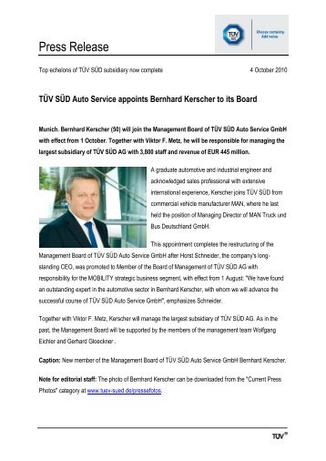 TÜV SÜD Auto Service appoints Bernhard Kerscher ... - TÜV SÜD UK