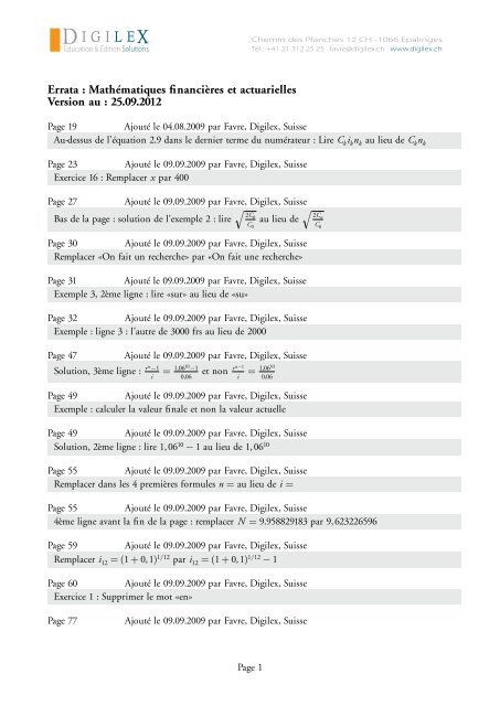 Errata Mathematiques Financieres Et Actuarielles Version Digilex