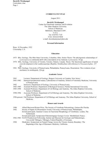 David B. Weishampel Curriculum vitae Page 1 CURRICULUM ...