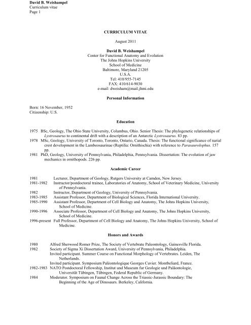 David B. Weishampel Curriculum vitae Page 1 CURRICULUM ...