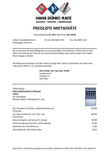 PREISLISTE MIETGERÄTE - Hans Dünki