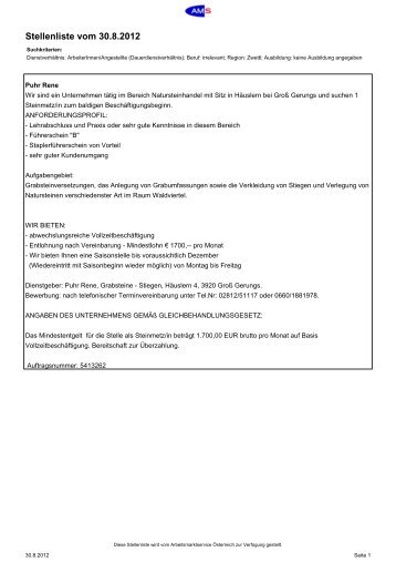 Stellenliste vom 30.8.2012 - Groß Gerungs