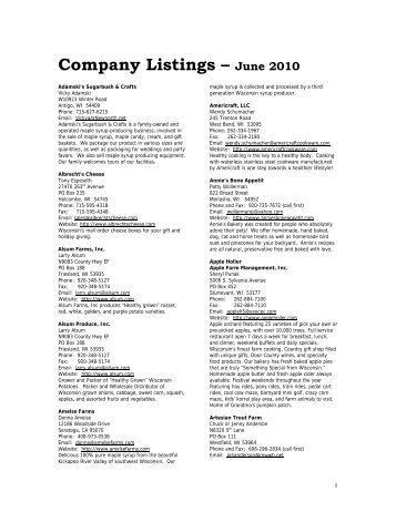 Company Listings – June 2010 - Wisconsin Department of ...