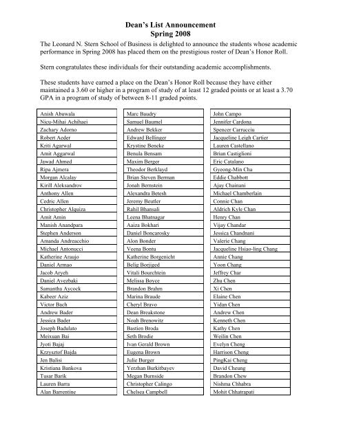 Dean S List Announcement Spring 08 Nyu Stern School Of Dean S List Announcement Spring 08 Nyu Stern School Of