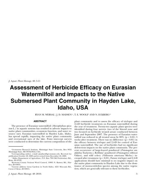 Assessment of Herbicide Efficacy on Eurasian Watermilfoil and ...